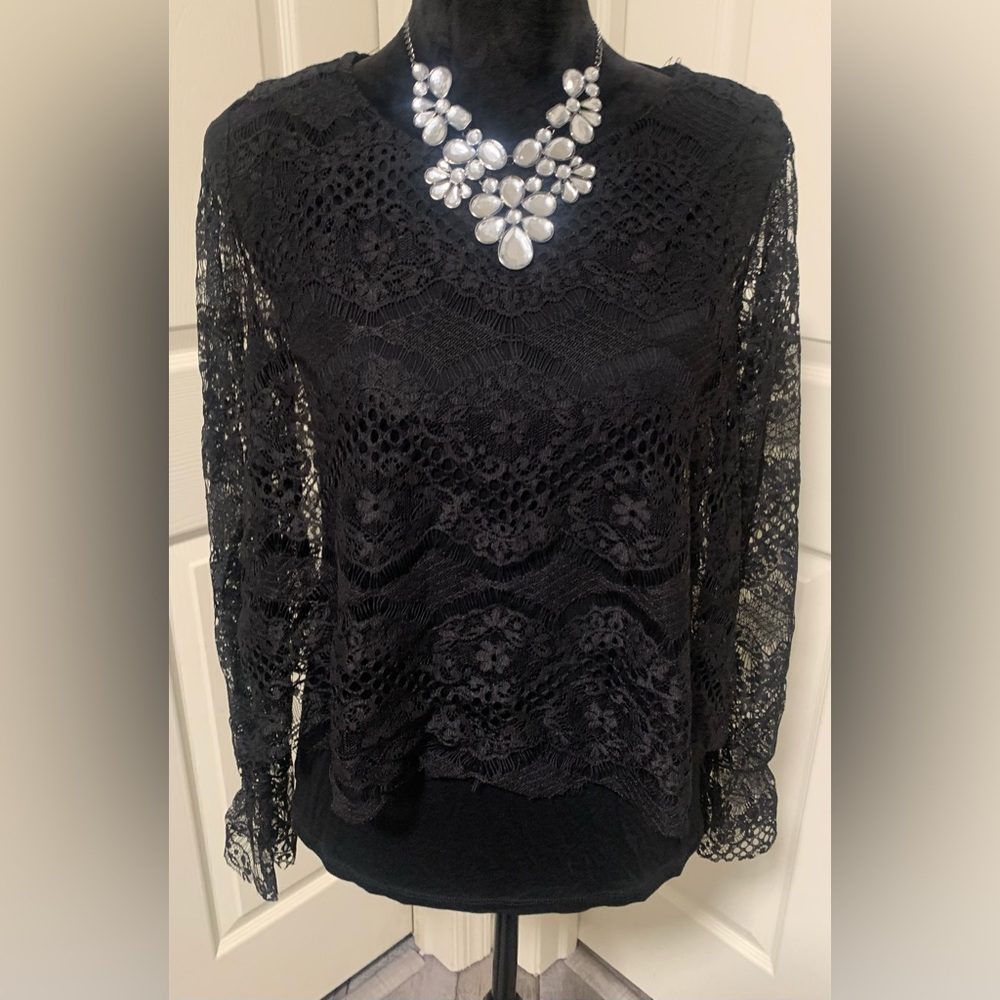 NWT Pointelle Black Lace Long Sleeve Top Elegant Romantic Sheer Floral Blouse